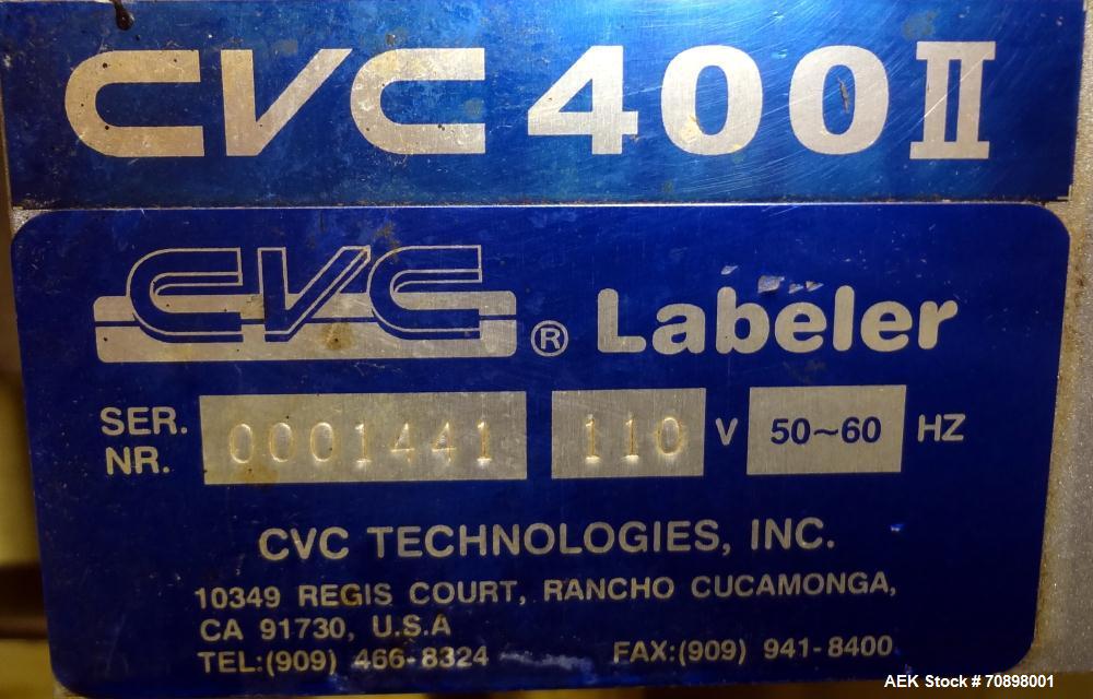 Used CVC 400 II Front and Back Pressure Sensitive Labeler. Capable of up to 250 bottles per minute. Will apply labels in length of " to 6-23/32", product width of 1-3/8" to 7-1/4". Can apply labels f...