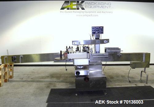 Used Kalish Labelit Front-Back & Wraparound Pressure Sensitive Labeler. Capable of speeds up to 100 BPM. Has bump wheel infeed, 4-1/2" wide x 5' long TT conveyor section (no chain, no ends), top hold...