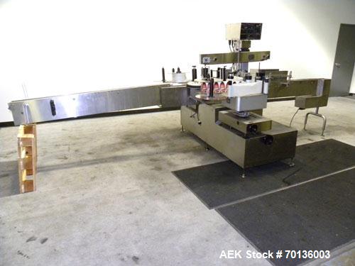 Used Kalish Labelit Front-Back & Wraparound Pressure Sensitive Labeler. Capable of speeds up to 100 BPM. Has bump wheel infeed, 4-1/2" wide x 5' long TT conveyor section (no chain, no ends), top hold...