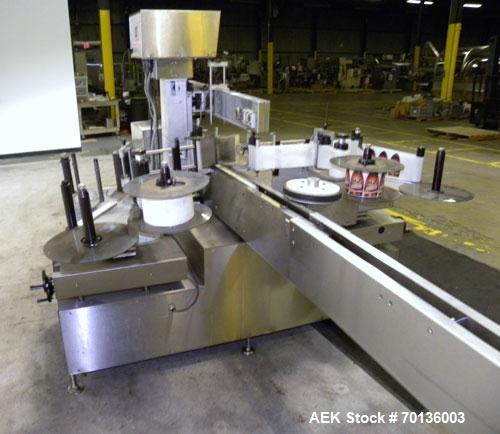Used Kalish Labelit Front-Back & Wraparound Pressure Sensitive Labeler. Capable of speeds up to 100 BPM. Has bump wheel infeed, 4-1/2" wide x 5' long TT conveyor section (no chain, no ends), top hold...