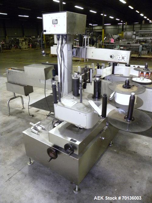 Used Kalish Labelit Front-Back & Wraparound Pressure Sensitive Labeler. Capable of speeds up to 100 BPM. Has bump wheel infeed, 4-1/2" wide x 5' long TT conveyor section (no chain, no ends), top hold...