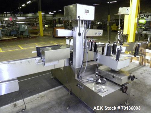 Used Kalish Labelit Front-Back & Wraparound Pressure Sensitive Labeler. Capable of speeds up to 100 BPM. Has bump wheel infeed, 4-1/2" wide x 5' long TT conveyor section (no chain, no ends), top hold...