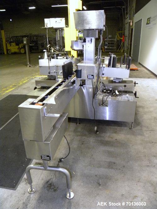 Used Kalish Labelit Front-Back & Wraparound Pressure Sensitive Labeler. Capable of speeds up to 100 BPM. Has bump wheel infeed, 4-1/2" wide x 5' long TT conveyor section (no chain, no ends), top hold...