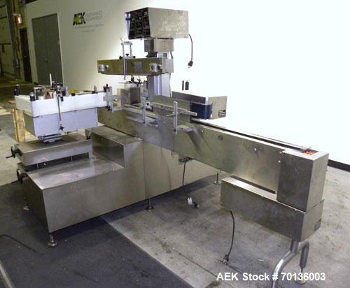 Used Kalish Labelit Front-Back & Wraparound Pressure Sensitive Labeler. Capable of speeds up to 100 BPM. Has bump wheel infeed, 4-1/2" wide x 5' long TT conveyor section (no chain, no ends), top hold...