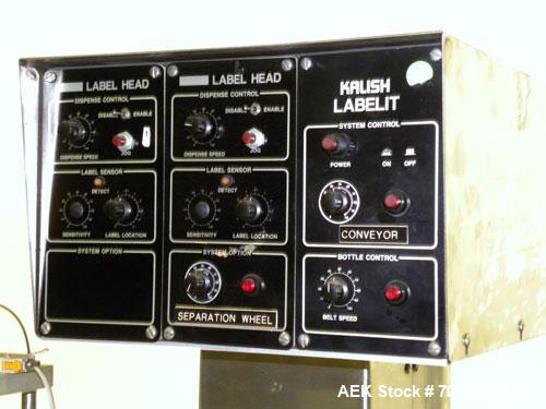 Used Kalish Labelit Front-Back & Wraparound Pressure Sensitive Labeler. Capable of speeds up to 100 BPM. Has bump wheel infeed, 4-1/2" wide x 5' long TT conveyor section (no chain, no ends), top hold...