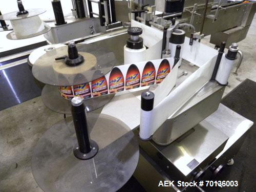 Used Kalish Labelit Front-Back & Wraparound Pressure Sensitive Labeler. Capable of speeds up to 100 BPM. Has bump wheel infeed, 4-1/2" wide x 5' long TT conveyor section (no chain, no ends), top hold...