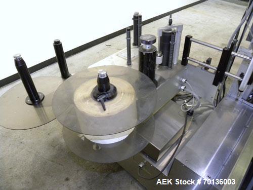 Used Kalish Labelit Front-Back & Wraparound Pressure Sensitive Labeler. Capable of speeds up to 100 BPM. Has bump wheel infeed, 4-1/2" wide x 5' long TT conveyor section (no chain, no ends), top hold...