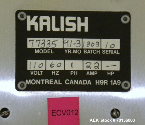 Used Kalish Labelit Front-Back & Wraparound Pressure Sensitive Labeler. Capable of speeds up to 100 BPM. Has bump wheel infeed, 4-1/2" wide x 5' long TT conveyor section (no chain, no ends), top hold...