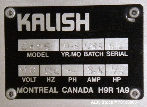 Used Kalish Labelit Front-Back & Wraparound Pressure Sensitive Labeler. Capable of speeds up to 100 BPM. Has bump wheel infeed, 4-1/2" wide x 5' long TT conveyor section (no chain, no ends), top hold...