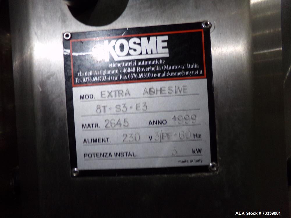 Used Kosme Model 8T-S3-E3 Pressure-Sensitive Labeler – Front/Back/Neck | 90 BPM