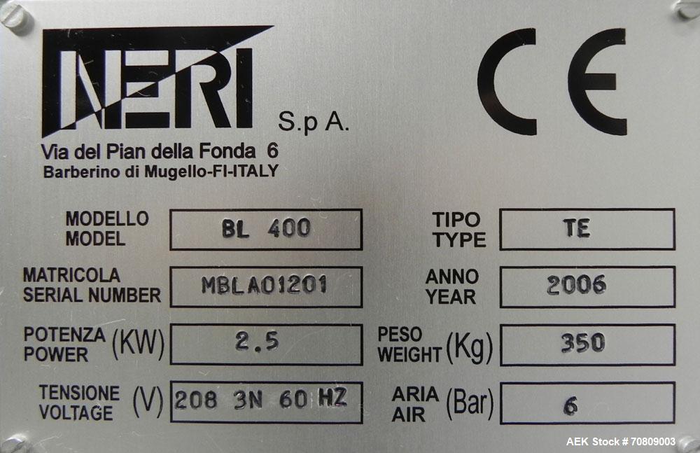 Used Neri (Marchesini) Model BL 400 TE Tamper Evident Carton Labeler. Machine is capable of speeds up to 400 cartons per minute. Has a carton size range: (length) 20mm - 180mm (width) 15mm - 120mm (d...