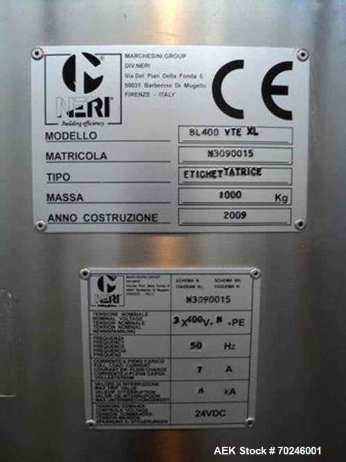 Used Neri Type BL400VTEXL Labeller. Size range 20mm to 180mm wide x 15mm to 120mm high x 70mm to 200mm long. Maximum rate of 400 packs per minute. Label speed maximum 50m per minute. 400mm maximum re...