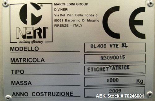 Used Neri Type BL400VTEXL Labeller. Size range 20mm to 180mm wide x 15mm to 120mm high x 70mm to 200mm long. Maximum rate of 400 packs per minute. Label speed maximum 50m per minute. 400mm maximum re...