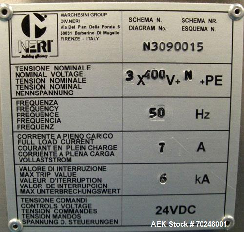 Used Neri Type BL400VTEXL Labeller. Size range 20mm to 180mm wide x 15mm to 120mm high x 70mm to 200mm long. Maximum rate of 400 packs per minute. Label speed maximum 50m per minute. 400mm maximum re...