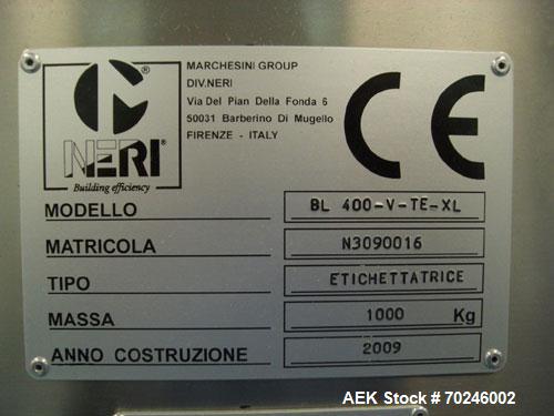 Used Neri Type BL400VTEXL Labeller. Size range 20mm to 180mm wide x 15mm to 120mm high x 70mm to 200mm long. Maximum rate of 400 packs per minute. Label speed maximum 50m per minute. 400mm maximum re...