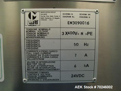 Used Neri Type BL400VTEXL Labeller. Size range 20mm to 180mm wide x 15mm to 120mm high x 70mm to 200mm long. Maximum rate of 400 packs per minute. Label speed maximum 50m per minute. 400mm maximum re...
