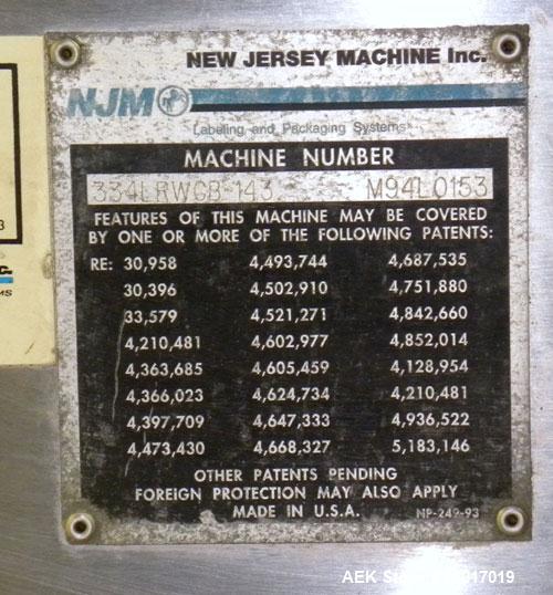 Used New Jersey Machine Automatic Pressure Sensitive Front & Back Labeler, Model 334 LRWCB-143. Capable of speeds up to 300 cpm. Approximate container capacities: round, oval, square and rectangular ...