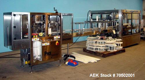 Used PE Master M Model MS12T77002S2E12 Head Pressure Sensitive Front and Back Rotary Labeler. Machine has clear label sensors and an Allen Bradley (AB) Panel View 600 control panel. Machine is equipp...