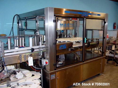 Used PE Master M Model MS12T77002S2E12 Head Pressure Sensitive Front and Back Rotary Labeler. Machine has clear label sensors and an Allen Bradley (AB) Panel View 600 control panel. Machine is equipp...