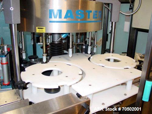 Used PE Master M Model MS12T77002S2E12 Head Pressure Sensitive Front and Back Rotary Labeler. Machine has clear label sensors and an Allen Bradley (AB) Panel View 600 control panel. Machine is equipp...