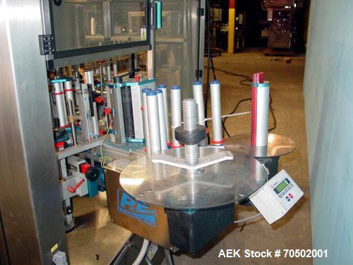 Used PE Master M Model MS12T77002S2E12 Head Pressure Sensitive Front and Back Rotary Labeler. Machine has clear label sensors and an Allen Bradley (AB) Panel View 600 control panel. Machine is equipp...