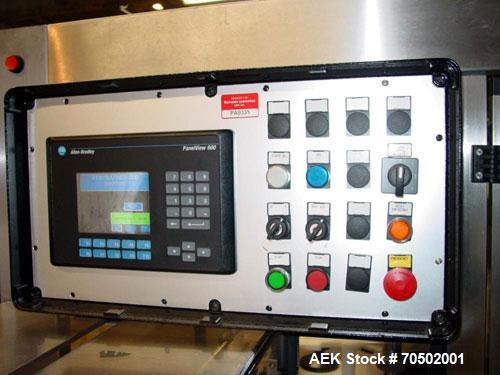 Used PE Master M Model MS12T77002S2E12 Head Pressure Sensitive Front and Back Rotary Labeler. Machine has clear label sensors and an Allen Bradley (AB) Panel View 600 control panel. Machine is equipp...