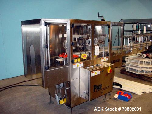 Used PE Master M Model MS12T77002S2E12 Head Pressure Sensitive Front and Back Rotary Labeler. Machine has clear label sensors and an Allen Bradley (AB) Panel View 600 control panel. Machine is equipp...