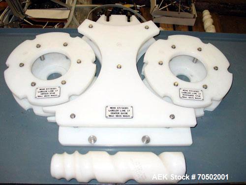 Used PE Master M Model MS12T77002S2E12 Head Pressure Sensitive Front and Back Rotary Labeler. Machine has clear label sensors and an Allen Bradley (AB) Panel View 600 control panel. Machine is equipp...