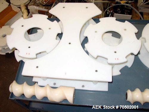 Used PE Master M Model MS12T77002S2E12 Head Pressure Sensitive Front and Back Rotary Labeler. Machine has clear label sensors and an Allen Bradley (AB) Panel View 600 control panel. Machine is equipp...