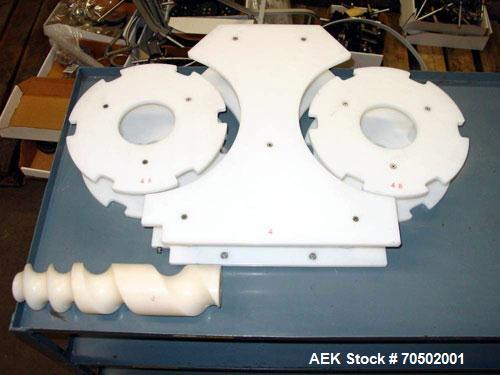 Used PE Master M Model MS12T77002S2E12 Head Pressure Sensitive Front and Back Rotary Labeler. Machine has clear label sensors and an Allen Bradley (AB) Panel View 600 control panel. Machine is equipp...