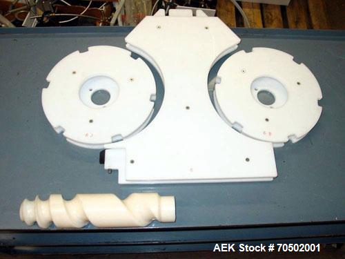 Used PE Master M Model MS12T77002S2E12 Head Pressure Sensitive Front and Back Rotary Labeler. Machine has clear label sensors and an Allen Bradley (AB) Panel View 600 control panel. Machine is equipp...