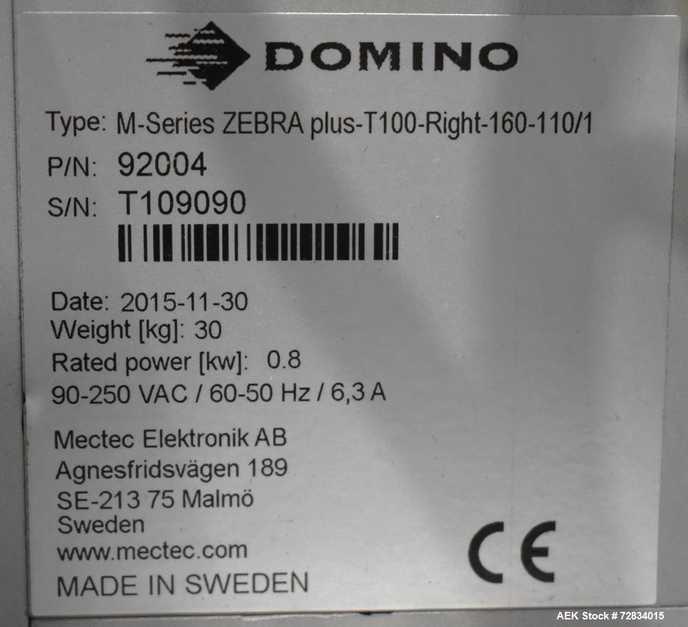 Used- Domino M-Series Pressure Sensitive Print & Apply Labeler, Model M-Series Zebra plus-T100-Right-160-110/1. Includes Zeb...
