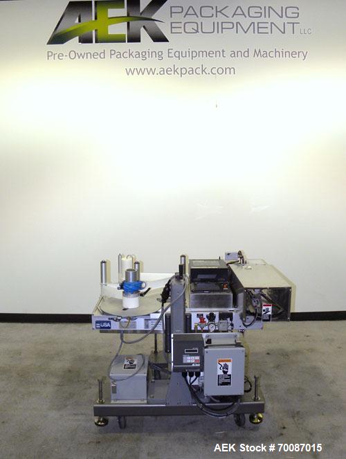 Used New Jersey Machine Print and Apply Labeler, Model 400R. Capable of 50 pieces per minute. Maximum label size 4" wide x 12" long, machine set up to do a corner wrap on a skid or box. This versatil...