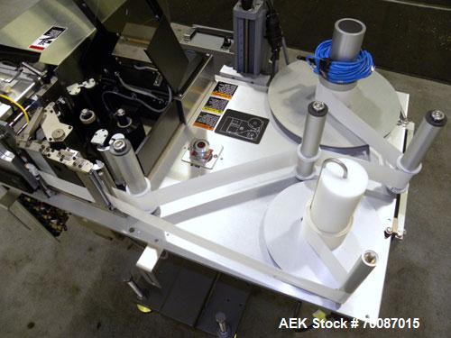 Used New Jersey Machine Print and Apply Labeler, Model 400R. Capable of 50 pieces per minute. Maximum label size 4" wide x 12" long, machine set up to do a corner wrap on a skid or box. This versatil...