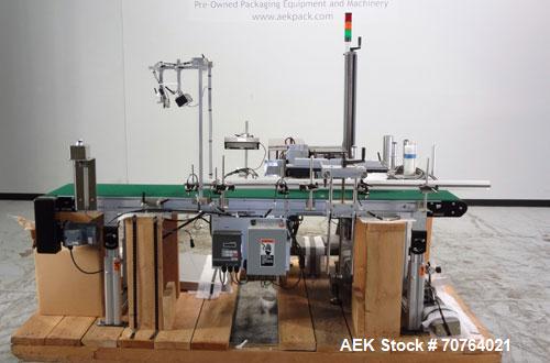 Used New Jersey Machine Print and Apply Labeler, Model 400R, capable of 50 pieces per minute. Maximum label size 4" wide x 12" long, machine set up to do a corner wrap on a skid or box. This versatil...