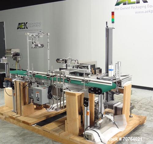 Used New Jersey Machine Print and Apply Labeler, Model 400R, capable of 50 pieces per minute. Maximum label size 4" wide x 12" long, machine set up to do a corner wrap on a skid or box. This versatil...