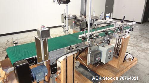 Used New Jersey Machine Print and Apply Labeler, Model 400R, capable of 50 pieces per minute. Maximum label size 4" wide x 12" long, machine set up to do a corner wrap on a skid or box. This versatil...