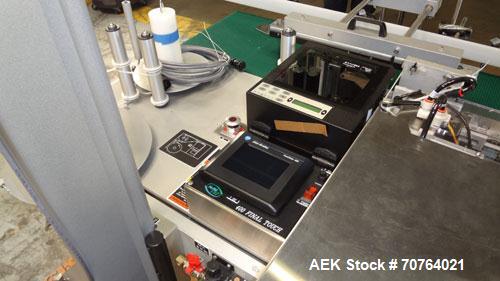 Used New Jersey Machine Print and Apply Labeler, Model 400R, capable of 50 pieces per minute. Maximum label size 4" wide x 12" long, machine set up to do a corner wrap on a skid or box. This versatil...