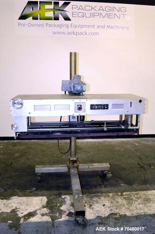 Used Side Belt Portable Transfer Conveyor. (2) Approximate 1” wide x 45” long side belts, manually adjustable to a maximum opening to 3-1/4”. Driven by a 1/4hp, 1/60/115/230 volt, 1725 rpm gear motor...