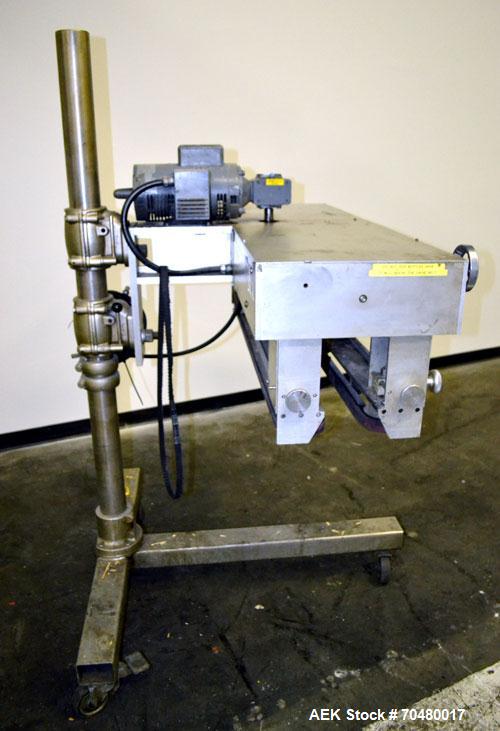 Used Side Belt Portable Transfer Conveyor. (2) Approximate 1” wide x 45” long side belts, manually adjustable to a maximum opening to 3-1/4”. Driven by a 1/4hp, 1/60/115/230 volt, 1725 rpm gear motor...