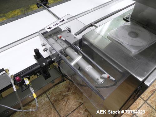 Used Paragon Model PLS-400 Print & Apply Case Labeler. Designed to print barcode and RFID labels. Machine has a 7” Tall label head. Includes automatic belt type case conveyor, integrated on common fr...