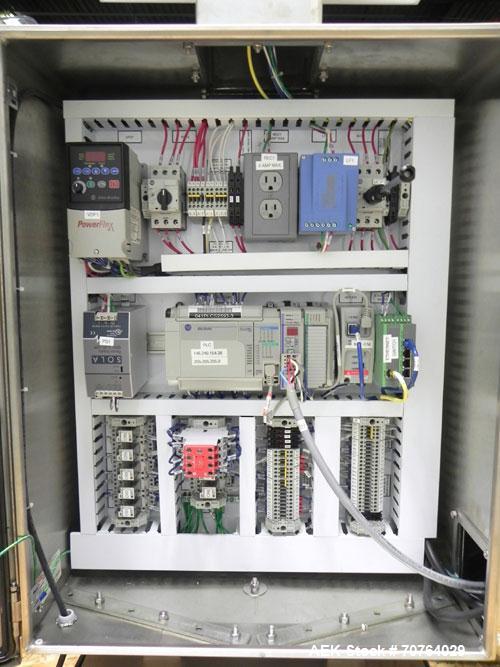 Used Paragon Model PLS-400 Print & Apply Case Labeler. Designed to print barcode and RFID labels. Machine has a 7” Tall label head. Includes automatic belt type case conveyor, integrated on common fr...