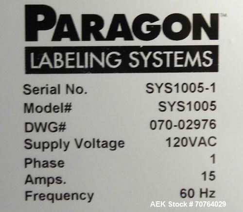 Used Paragon Model PLS-400 Print & Apply Case Labeler. Designed to print barcode and RFID labels. Machine has a 7” Tall label head. Includes automatic belt type case conveyor, integrated on common fr...