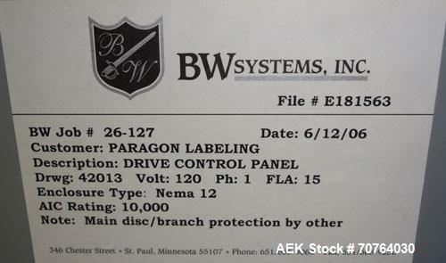 Used Paragon Model PLS-400 Print & Apply Case Labeler. Designed to print barcode and RFID labels using a Datamax DMX-A-4212 Print engine . Machine has a 7” Tall label head. Includes automatic belt ty...