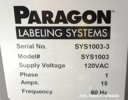 Used Paragon Model PLS-400 Print & Apply Case Labeler. Designed to print barcode and RFID labels using a Datamax DMX-A-4212 Print engine . Machine has a 7” Tall label head. Includes automatic belt ty...