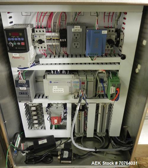 Used Paragon Model PLS-400 Print & Apply Case Labeler. Designed to print barcode and RFID labels. Machine has a 7” Tall label head. Includes automatic belt type case conveyor, integrated on common fr...