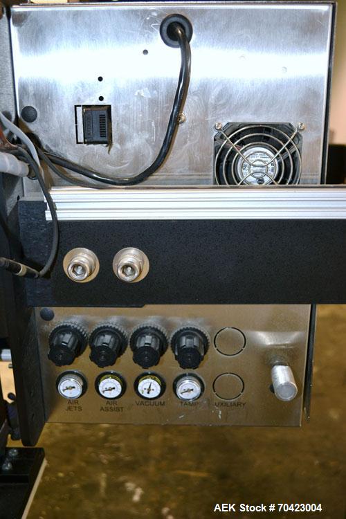 Used Weber Marking Systems Series 5200 Label Printer Applicator Model 5200V2. Label roll size maximum 12" diameter. Includes a Zebra 170 PAX4 print engine. 1/60/115 volt, 5 amp. Mounted on a frame.