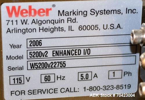 Used Weber Marking Systems Series 5200 Label Printer Applicator Model 5200V2. Label roll size maximum 12" diameter. Includes a Zebra 170 PAX4 print engine. 1/60/115 volt, 5 amp. Mounted on a frame.