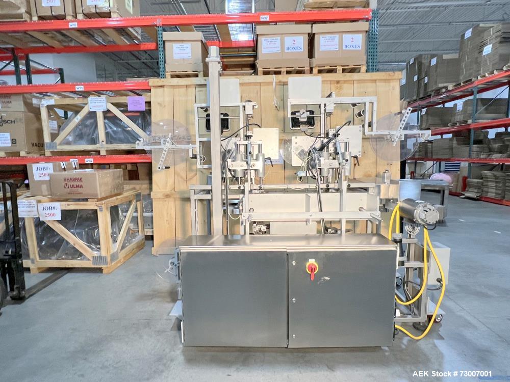 Used Accraply Model 350B-S Series Top and Bottom Labeling System. Capable of up to 120 products per minute depending on application. Special purpose labeling system developed specifically to apply to...