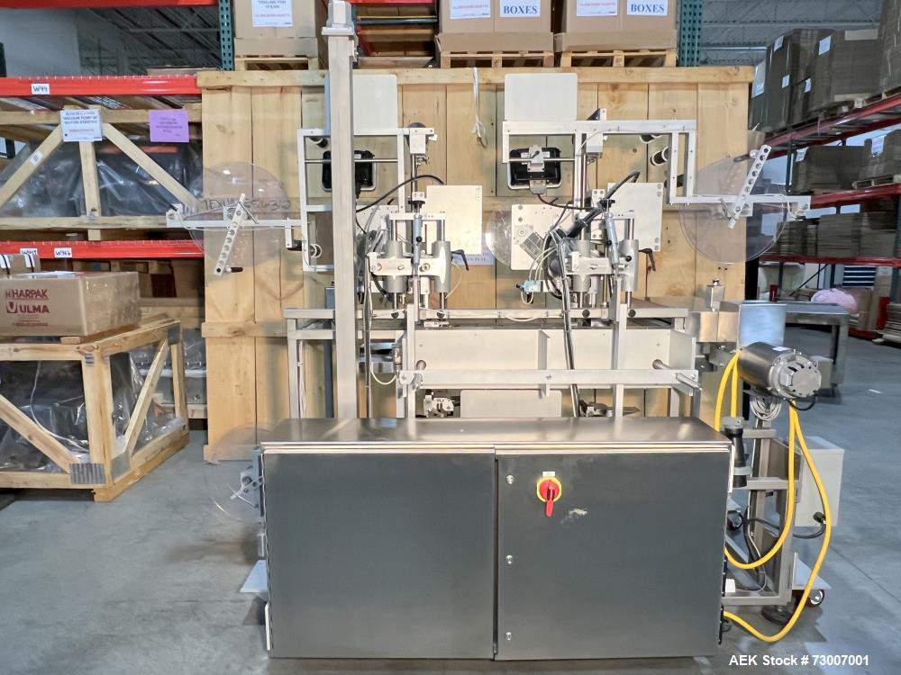 Used Accraply Model 350B-S Series Top and Bottom Labeling System. Capable of up to 120 products per minute depending on application. Special purpose labeling system developed specifically to apply to...